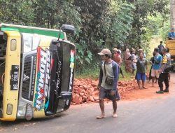 Truk Bermuatan Batu Bata Terguling di Pengadegan